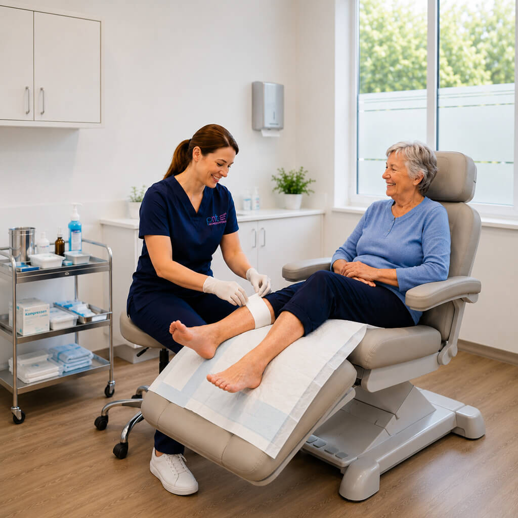 Wundmanagerin berät Patientin im hellen Behandlungsraum eines PNT Wundzentrums